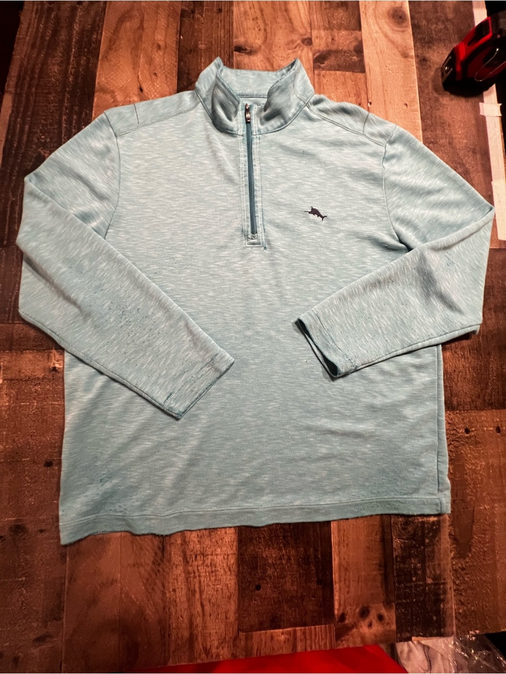 Tommy Bahama Aqua Quarter-Zip Pullover with Marlin Logo Distressed L